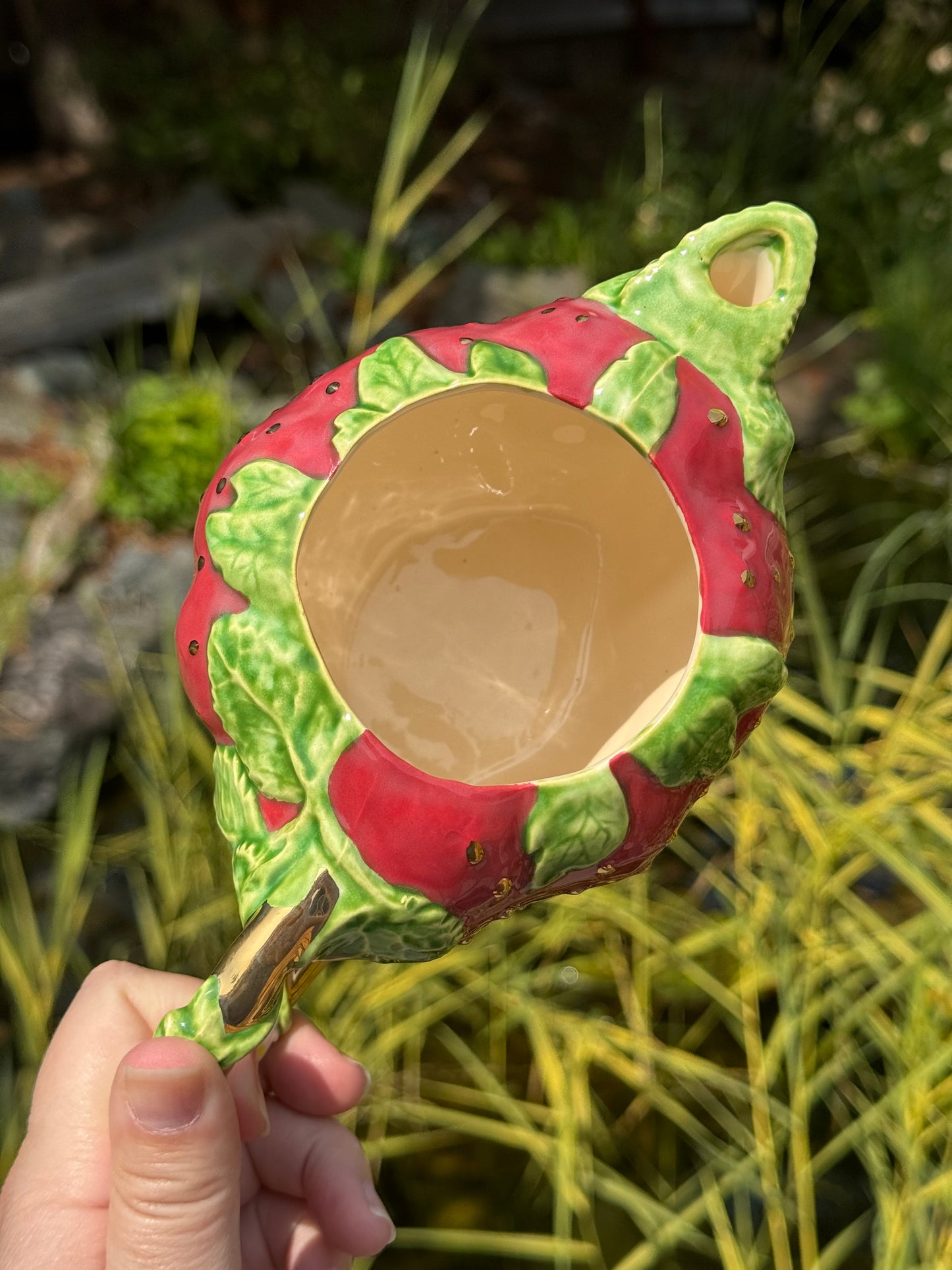 Strawberry Teapot with Gold Handle and Seeds