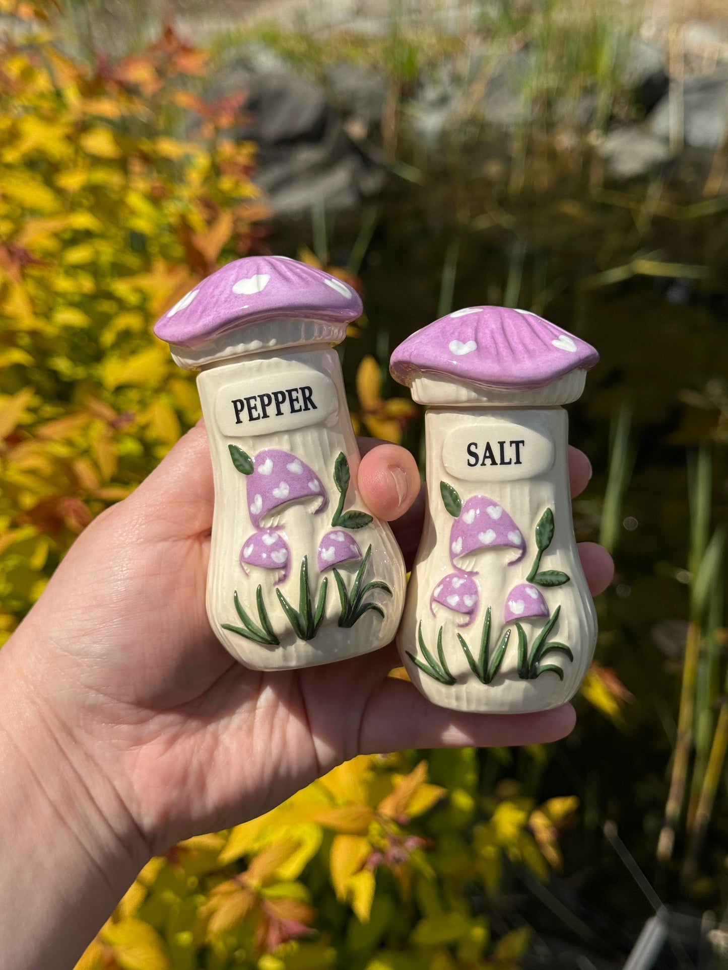 Purple Mushroom Salt and Pepper Shakers with Hats