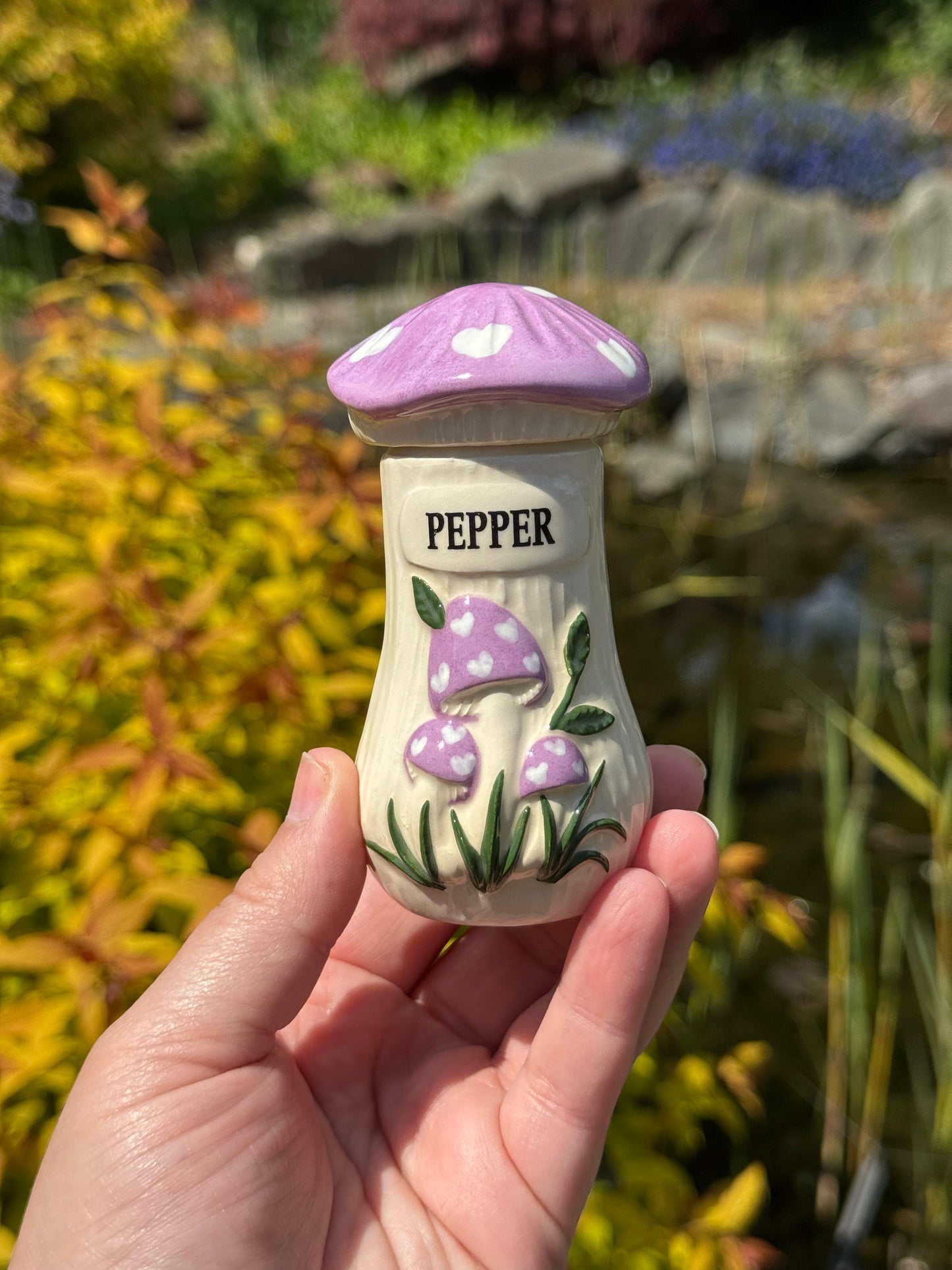 Purple Mushroom Salt and Pepper Shakers with Hats