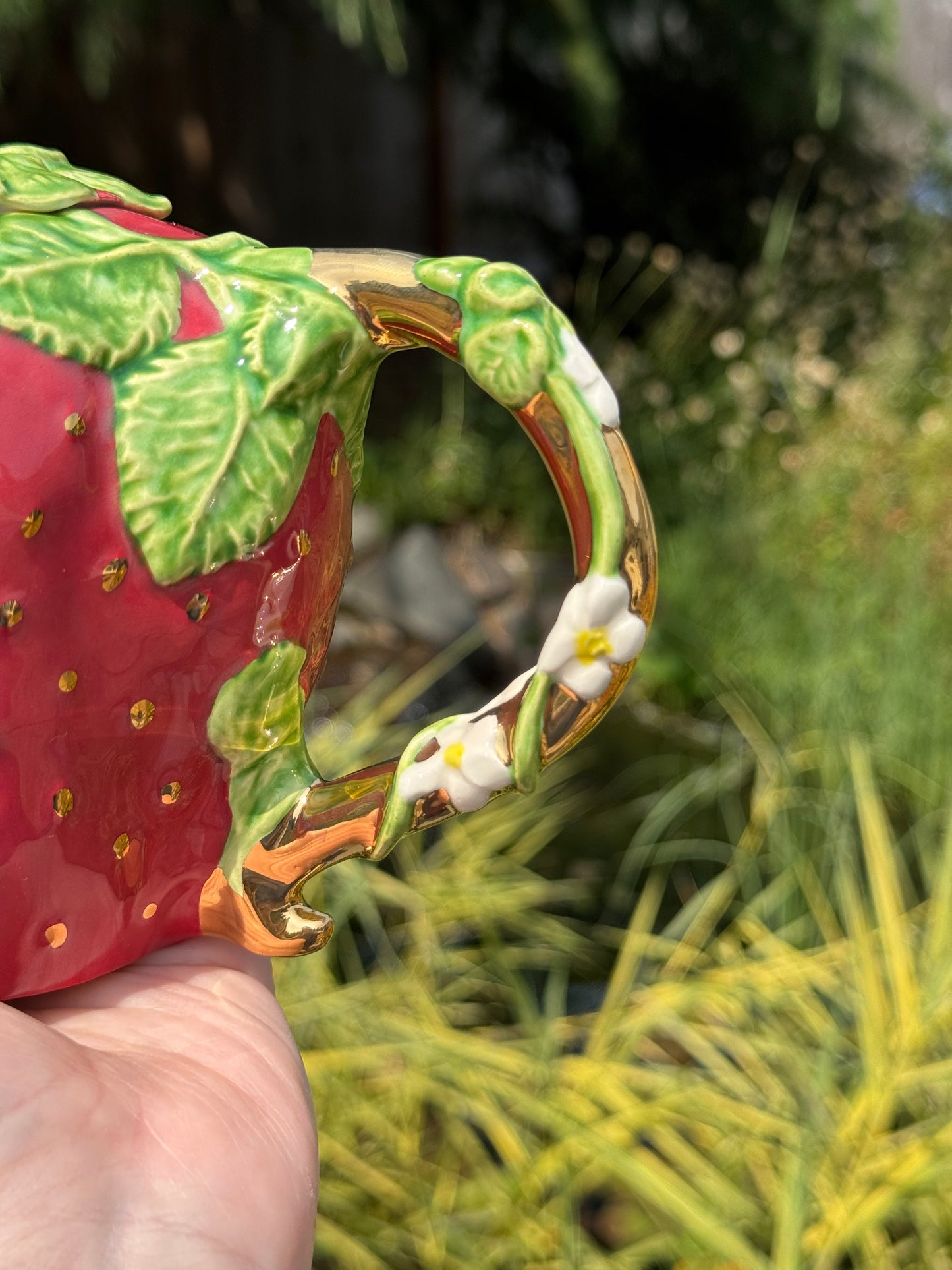 Strawberry Teapot with Gold Handle and Seeds