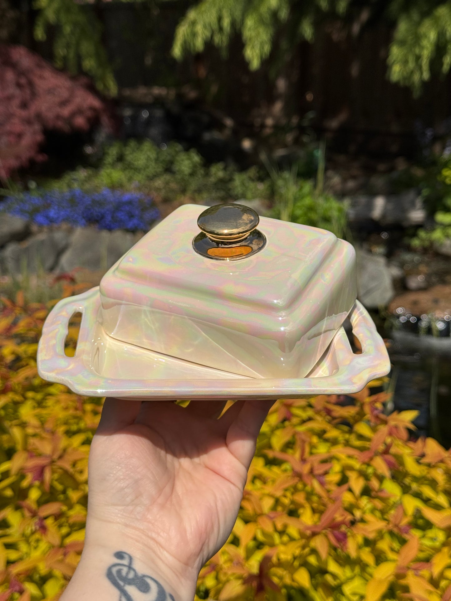 Mother of Pearl Butter Dish with Gold Handle