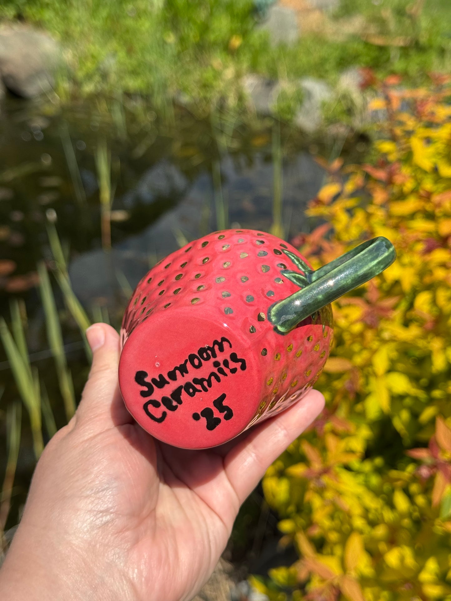 Strawberry Tea Cup with Gold Seeds