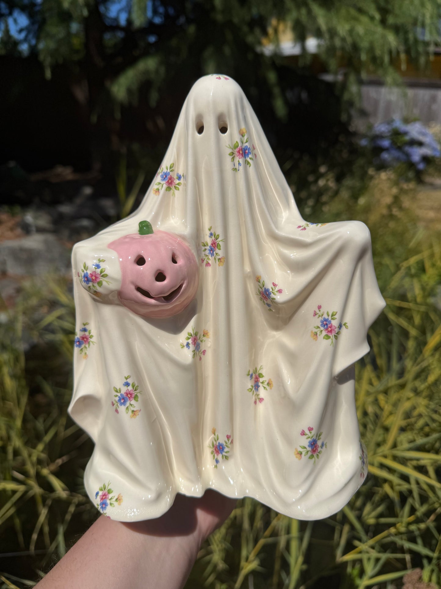 Pink and Blue Floral Sheet Ghost with Pink Pumpkin