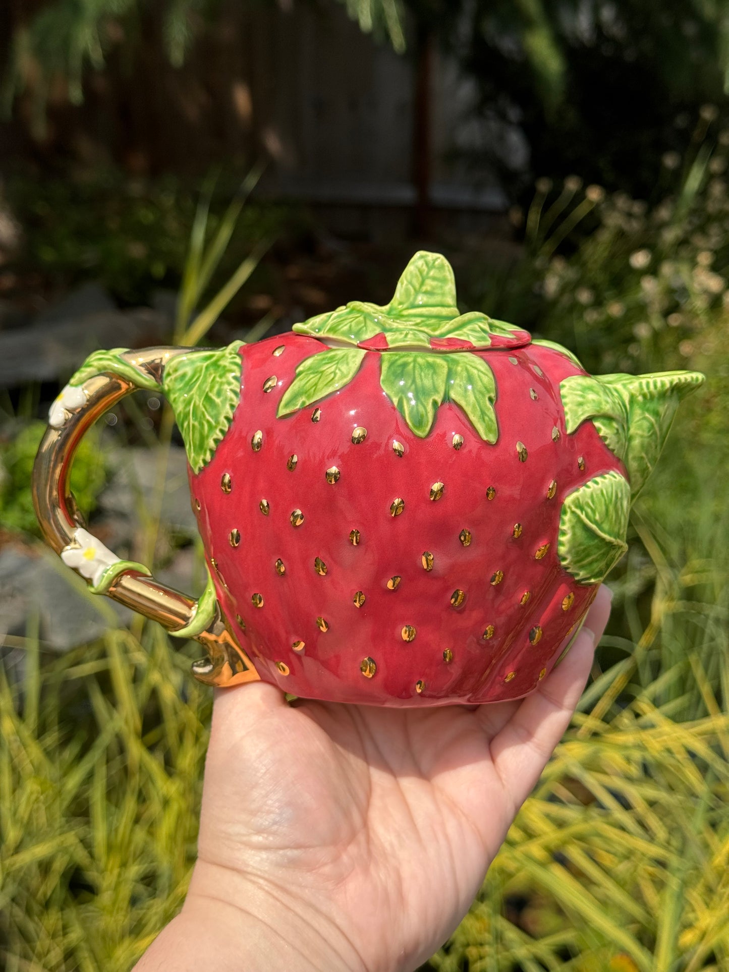 Strawberry Teapot with Gold Handle and Seeds