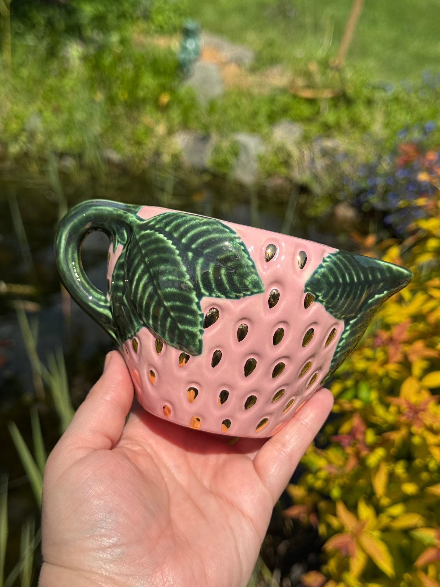 Pink Strawberry Cream and Sugar Set with Gold Seeds