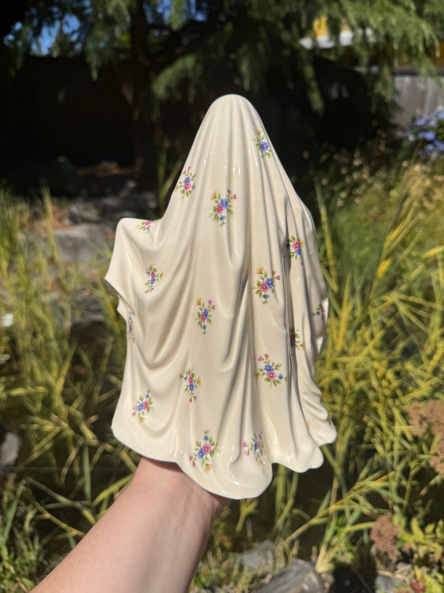 Pink and Blue Floral Sheet Ghost with Pink Pumpkin