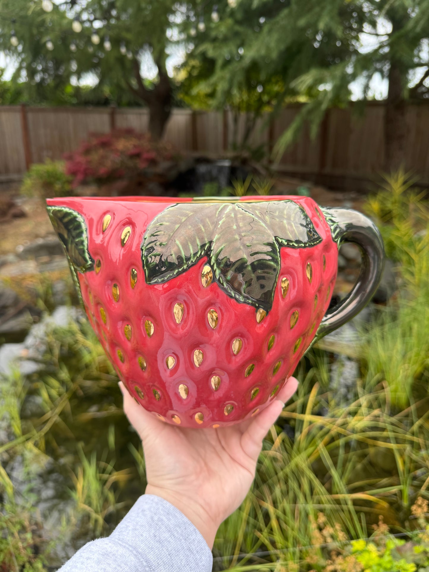 Strawberry Pitcher with Gold Seeds