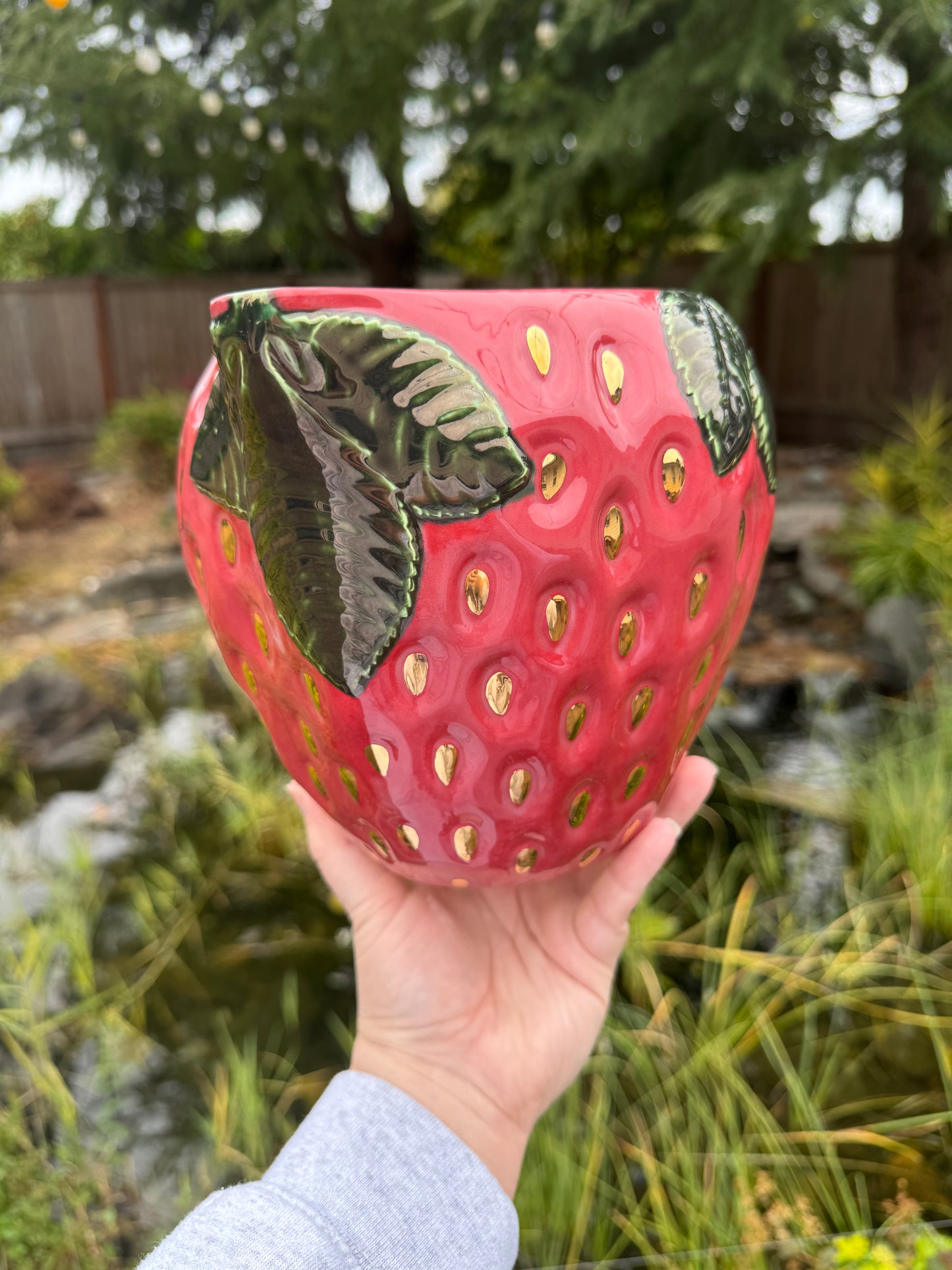 Strawberry Pitcher with Gold Seeds
