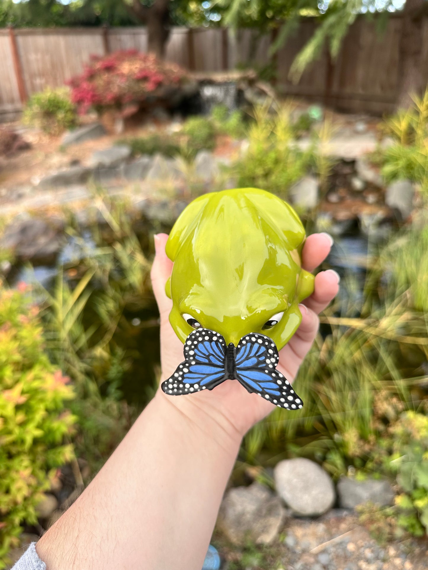 Green Open Mouth Frog with Butterfly
