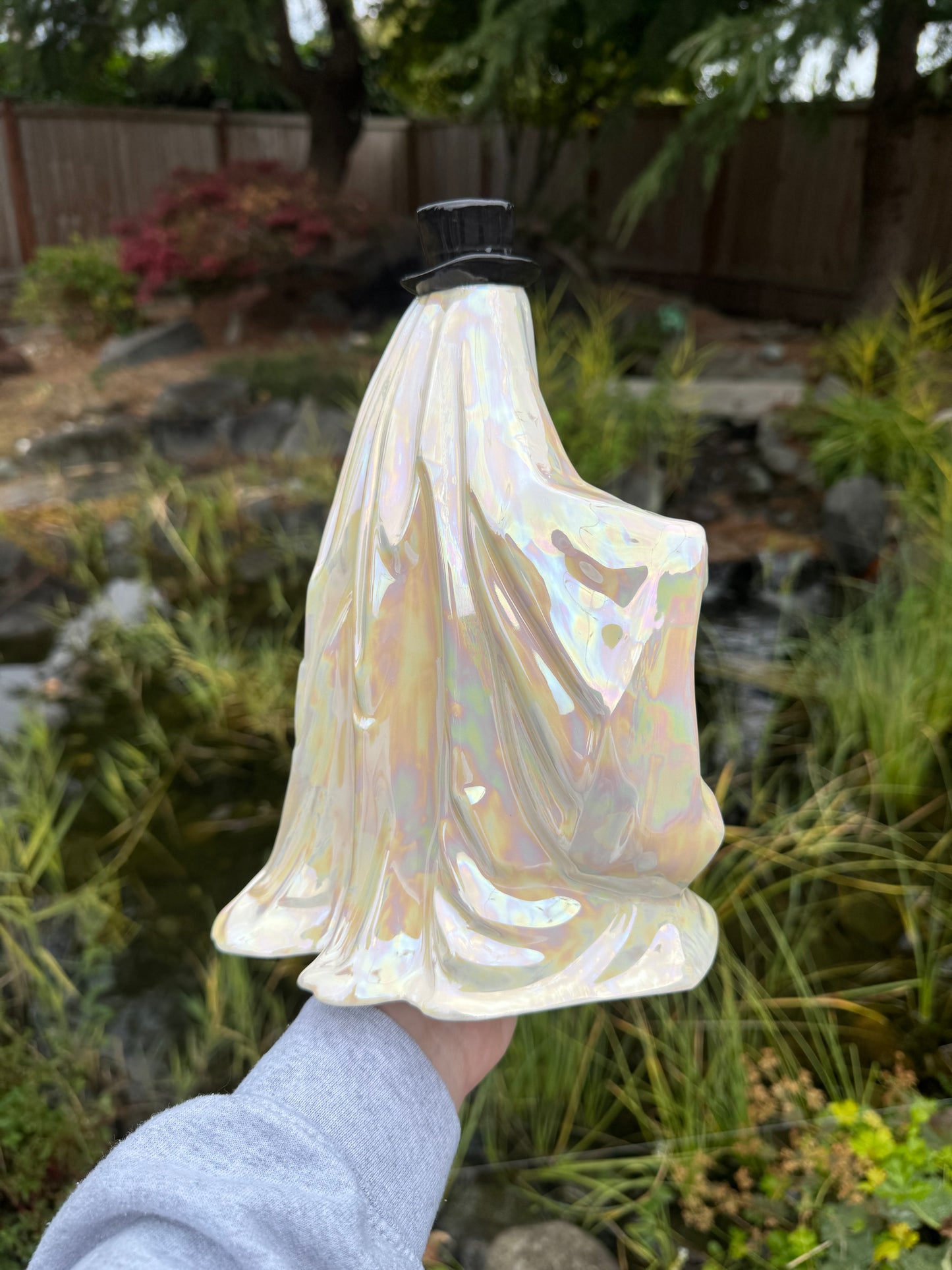 Mother of Pearl Sheet Ghost with Gold Pumpkin and Top Hat
