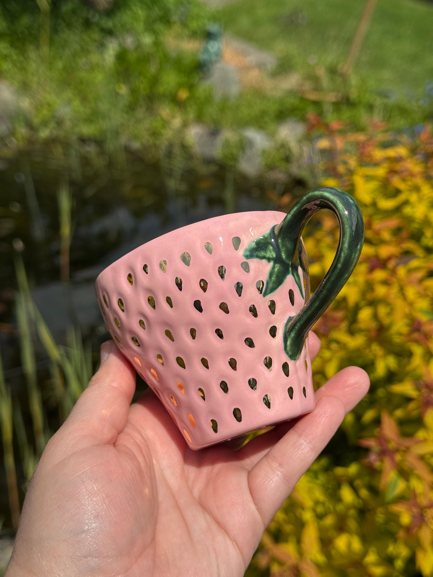 Pink Strawberry Tea Cup with Gold Seeds