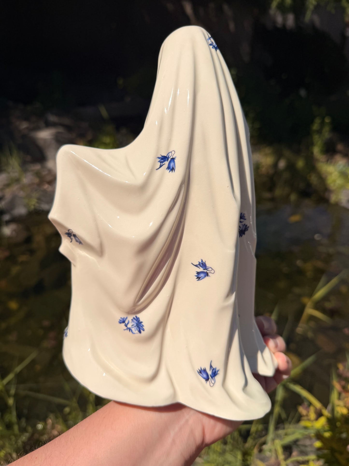 Blue Floral Sheet Ghost with Gold Pumpkin