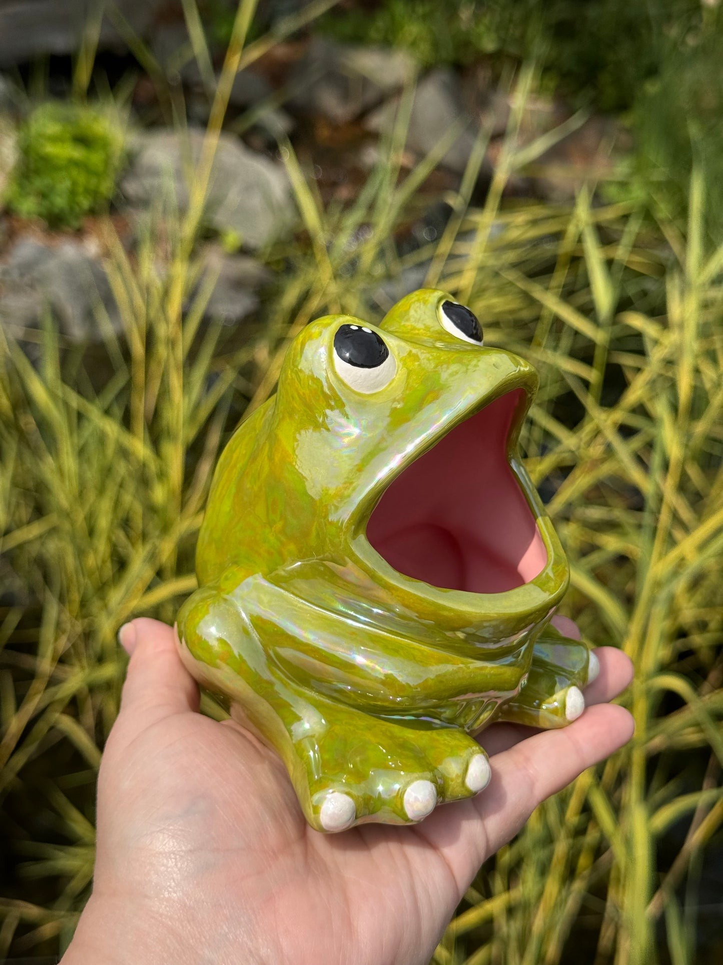 Green Mother of Pearl Open Mouth Frog Scrubby Holder