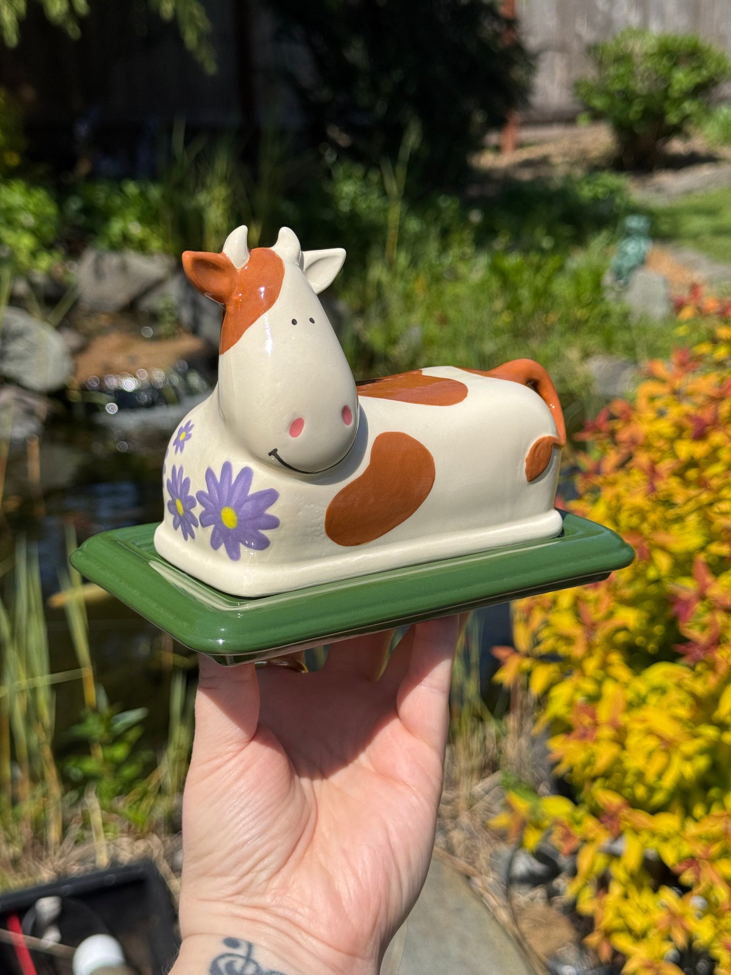 Purple Flowers Cow Butter Dish