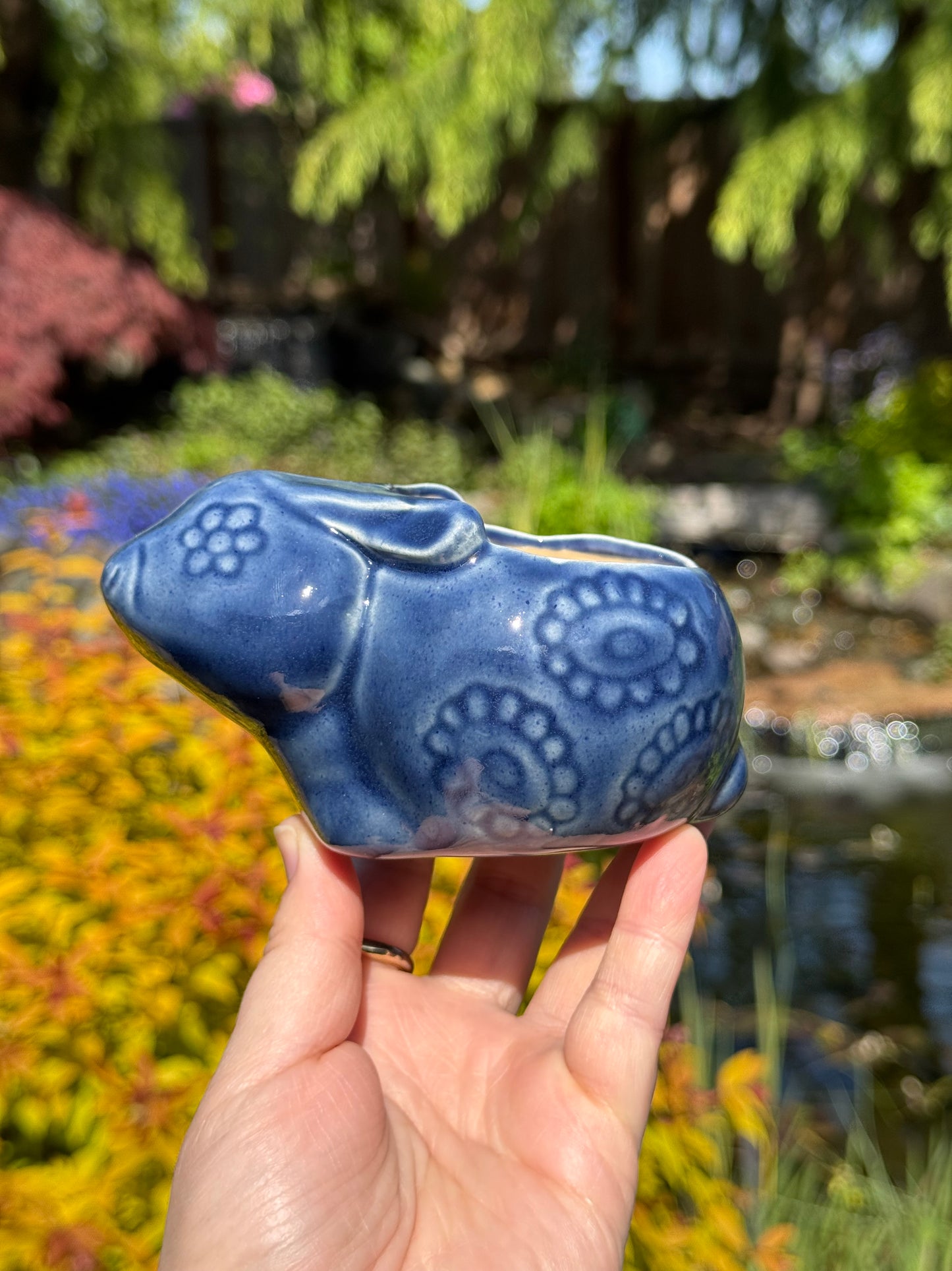 Flower Power Denim Blue Bunny Planter