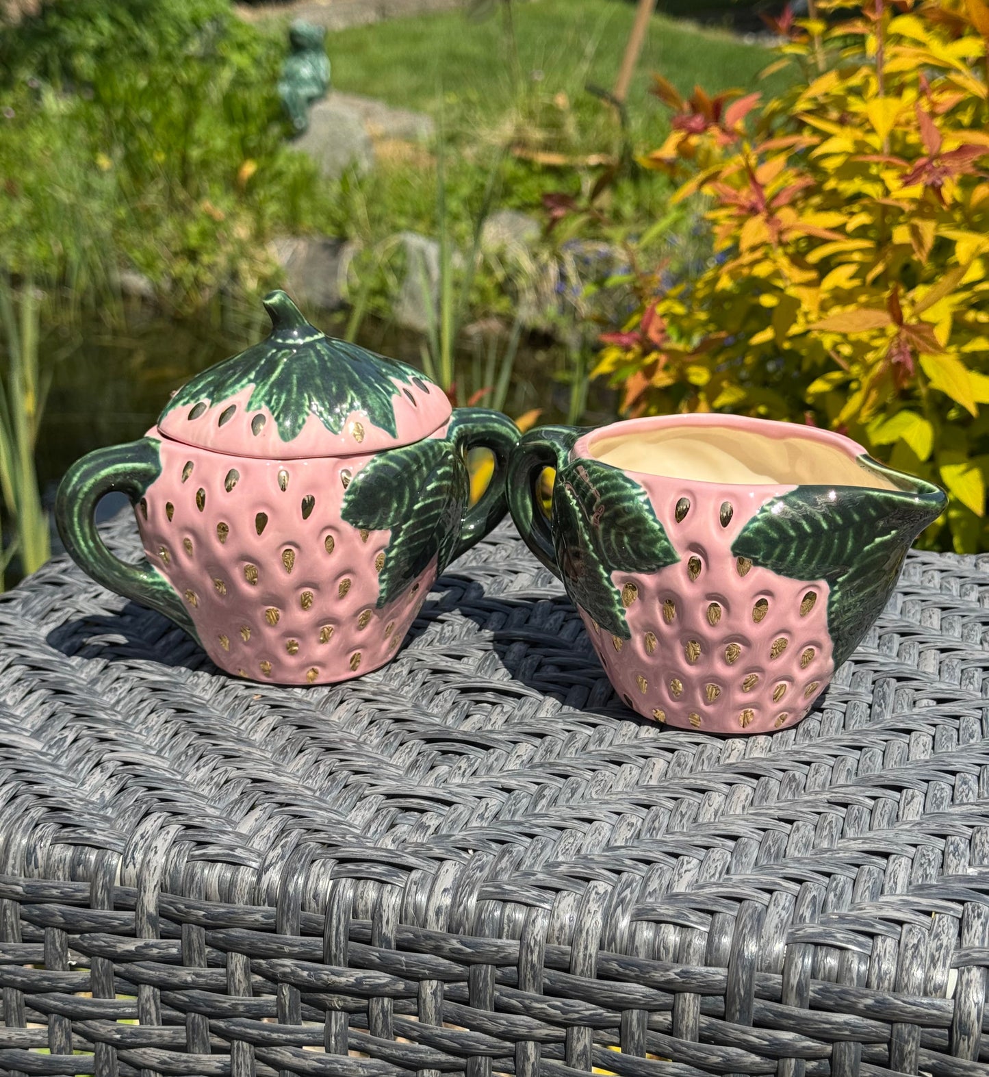 Pink Strawberry Cream and Sugar Set with Gold Seeds