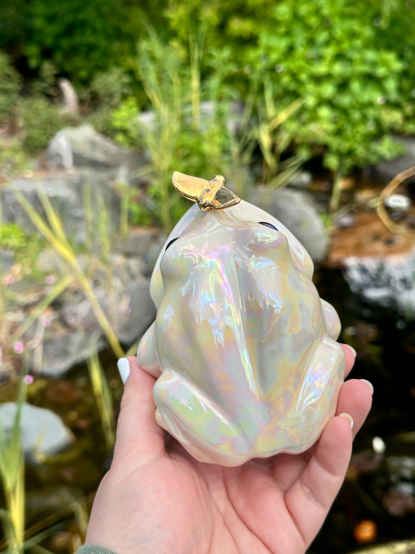 Open Mouth Frog with Mother of Pearl and Gold Fly