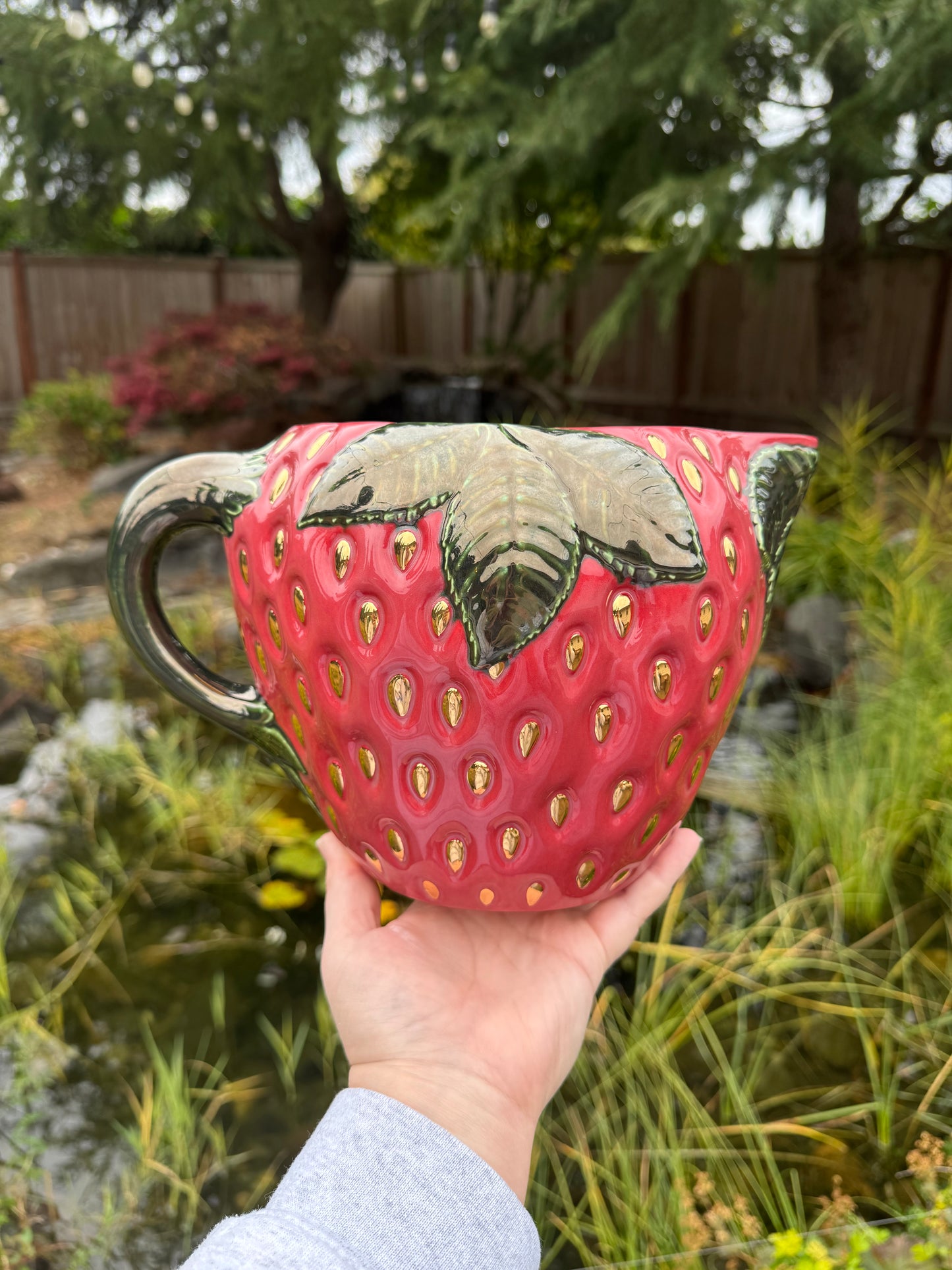 Strawberry Pitcher with Gold Seeds