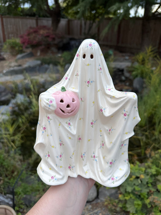 Vintage Multicolored Flowers Sheet Ghost with Pink Pumpkin