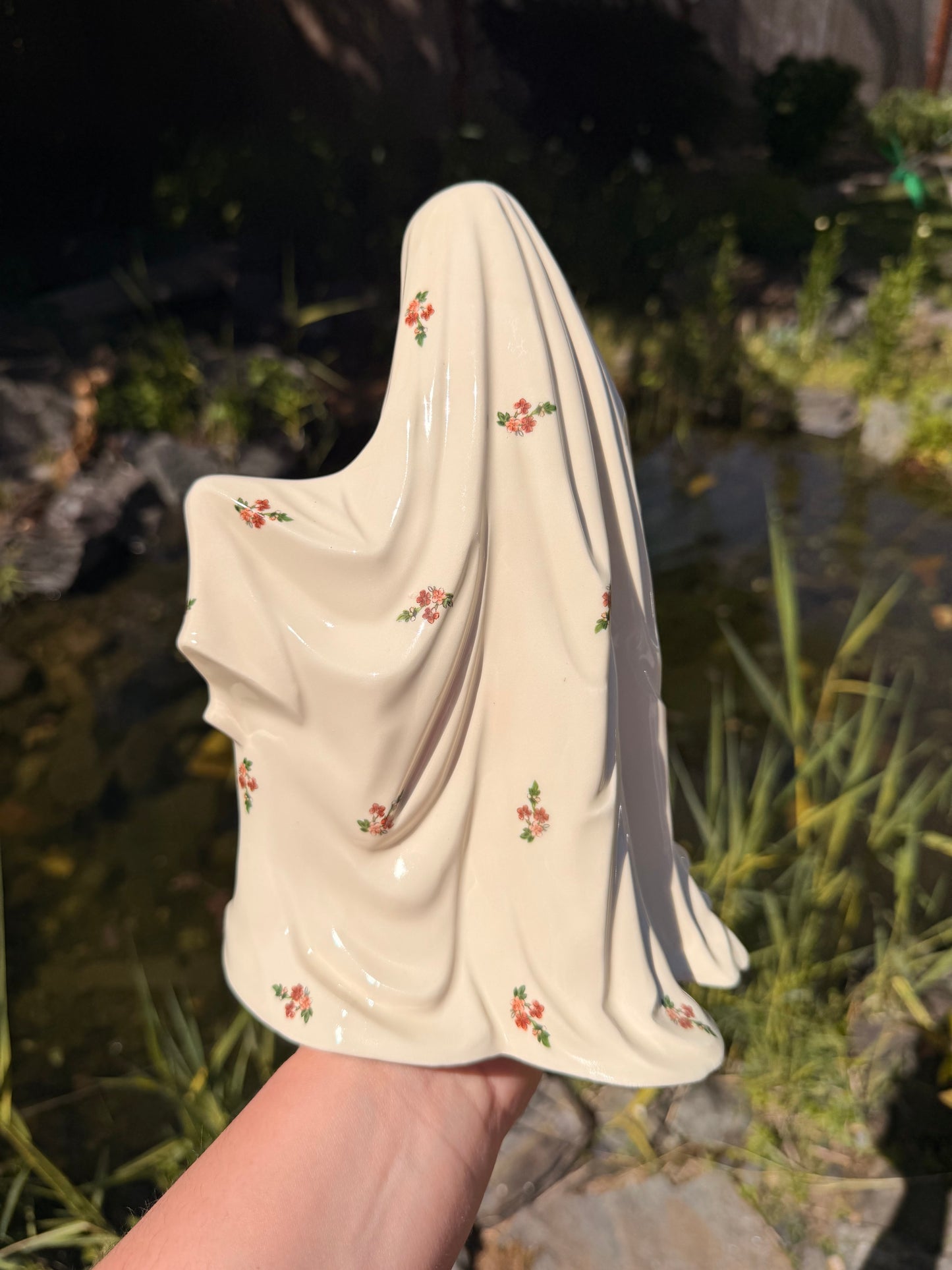 Vintage Red Floral Sheet Ghost with Orange Pumpkin