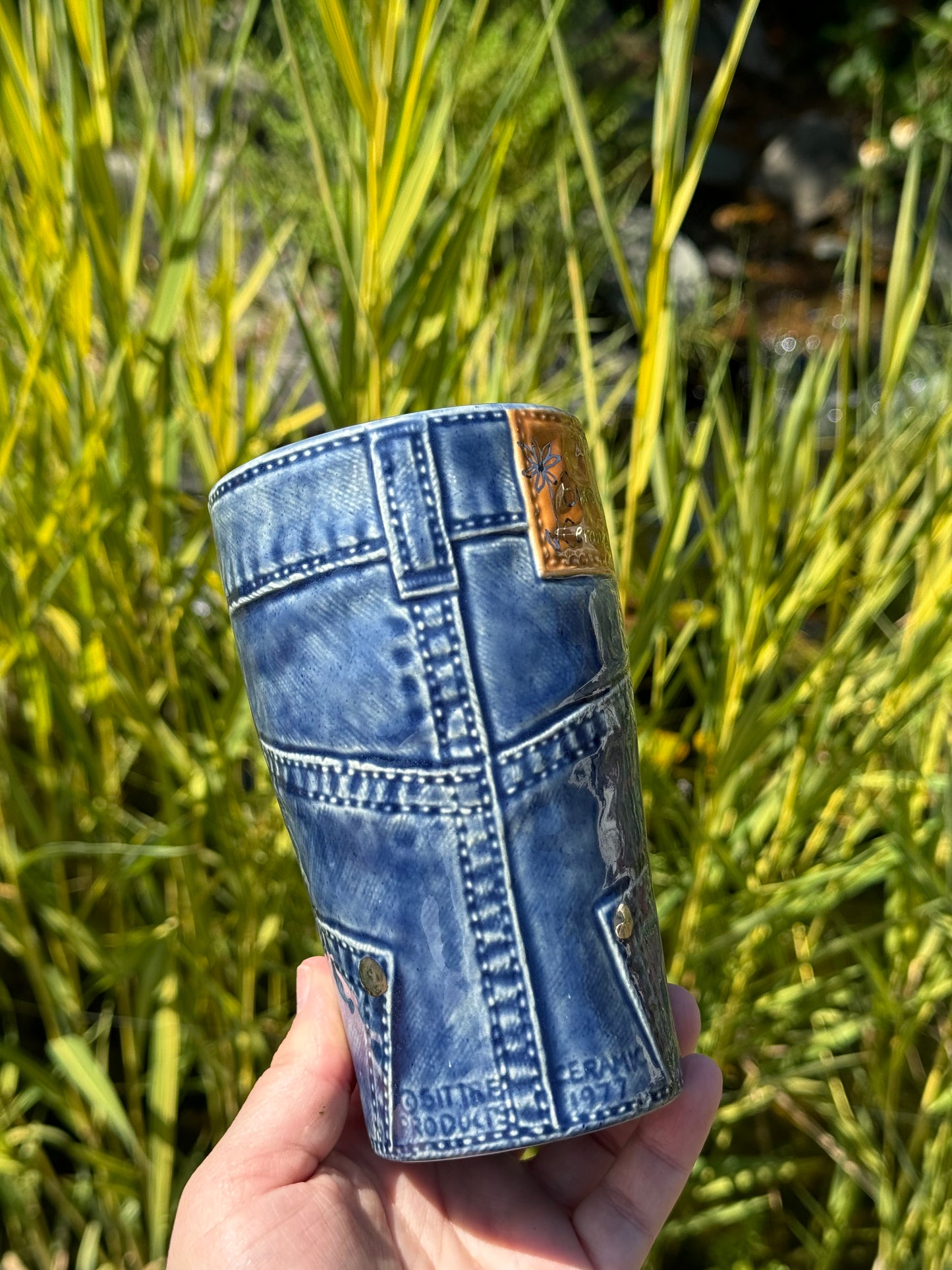 Dark Wash Denim Tumbler with White Gold Details