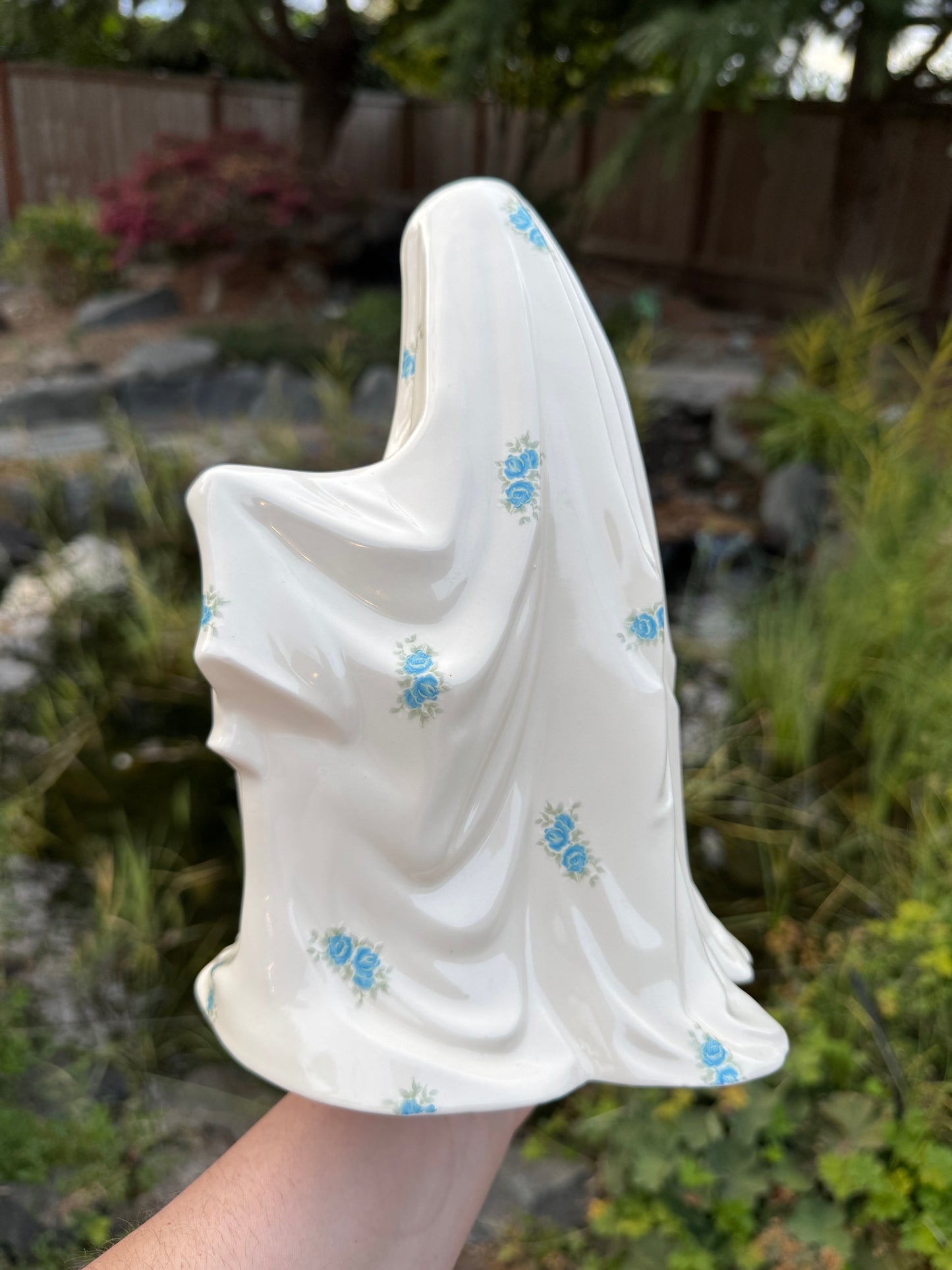 Vintage Blue Roses Sheet Ghost with Pink Pumpkin