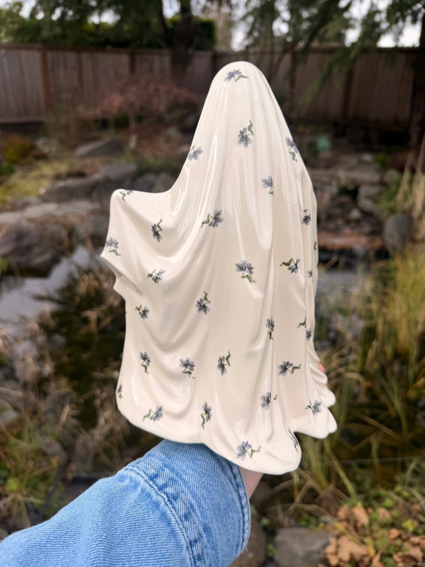 Blue Floral Sheet Ghost with Pink Pumpkin