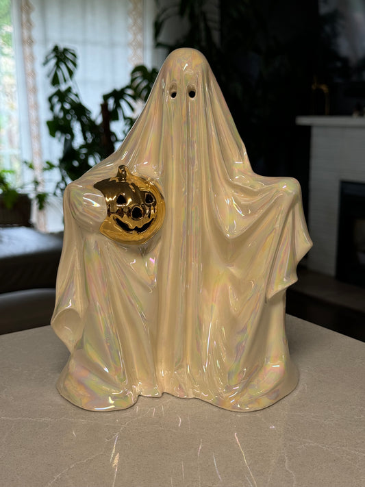 Mother of Pearl Ghost Lamp with Real Gold Pumpkin (Battery Powered)