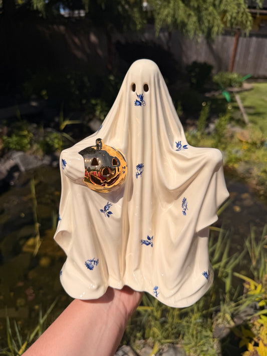 Blue Floral Sheet Ghost with Gold Pumpkin