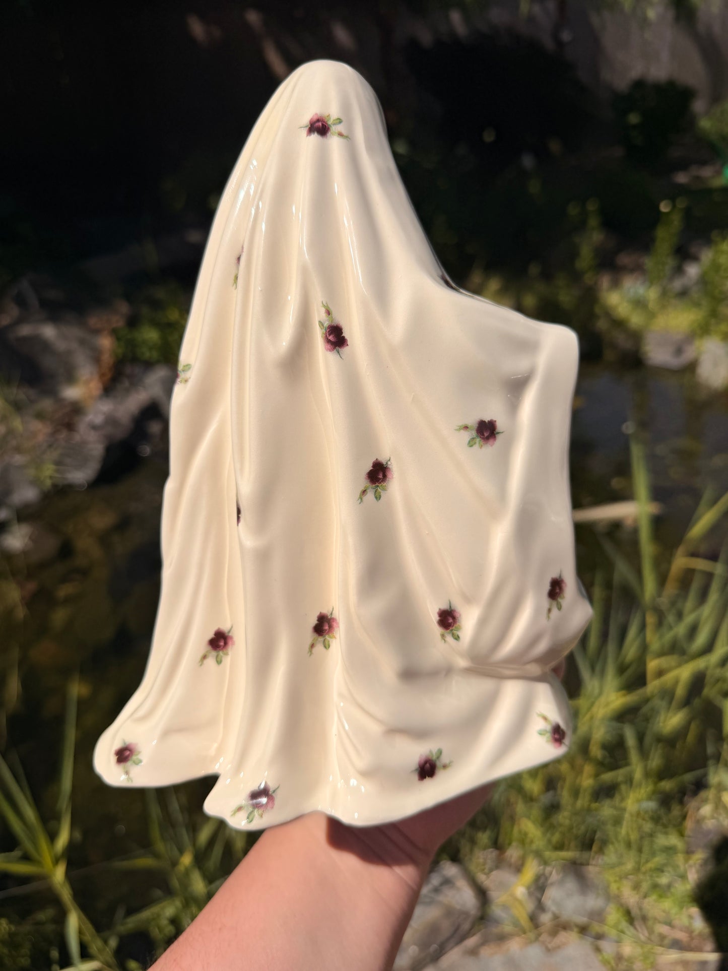 Burgundy Roses Sheet Ghost with Orange Pumpkin