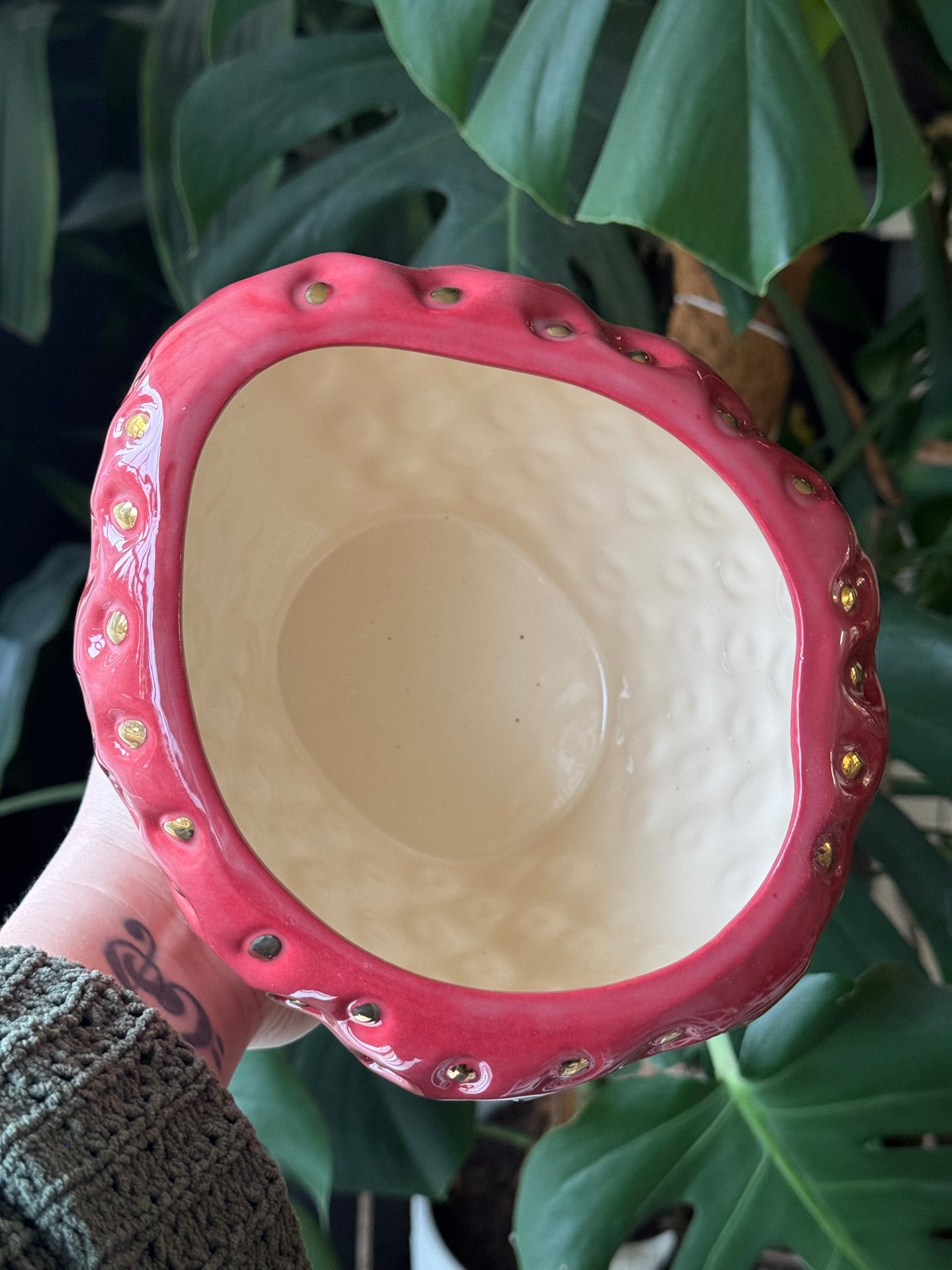 Large Red and Gold Strawberry Cookie Jar