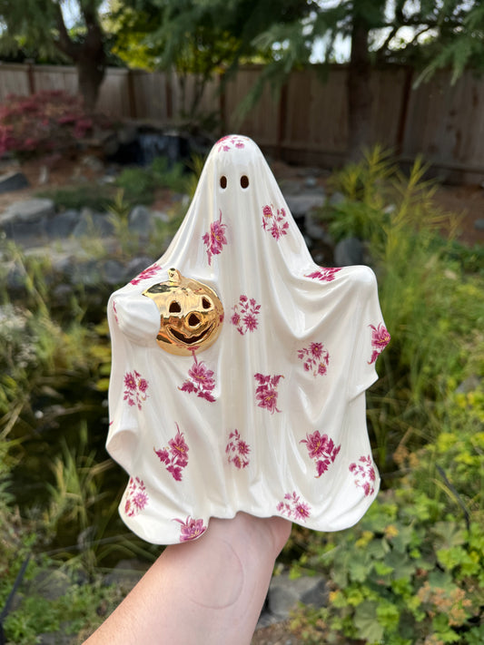 Vintage Pink Floral Sheet Ghost with Gold Pumpkin