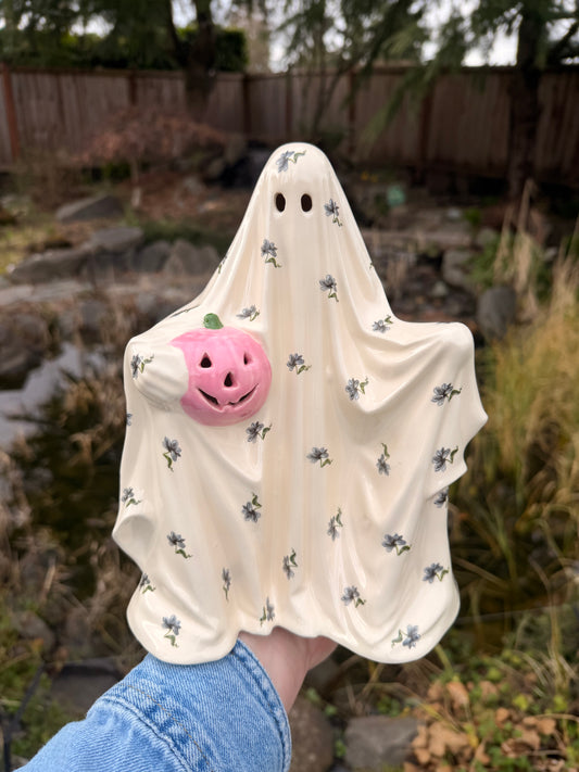 Blue Floral Sheet Ghost with Pink Pumpkin