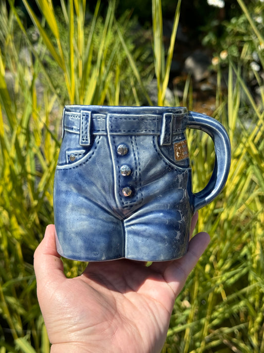 Dark Wash Denim Booty Mug with White Gold Details