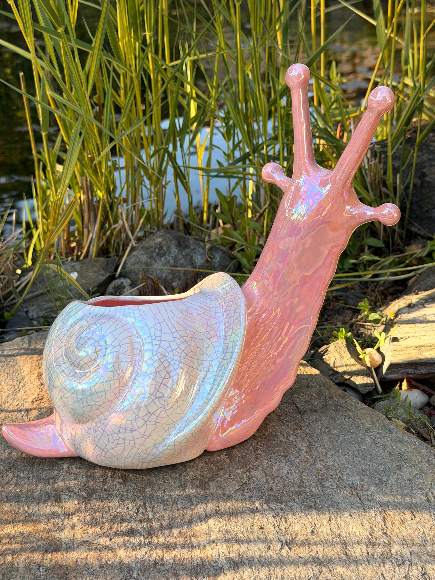 Pink Snail Vessel with Colorful Crackle Shell