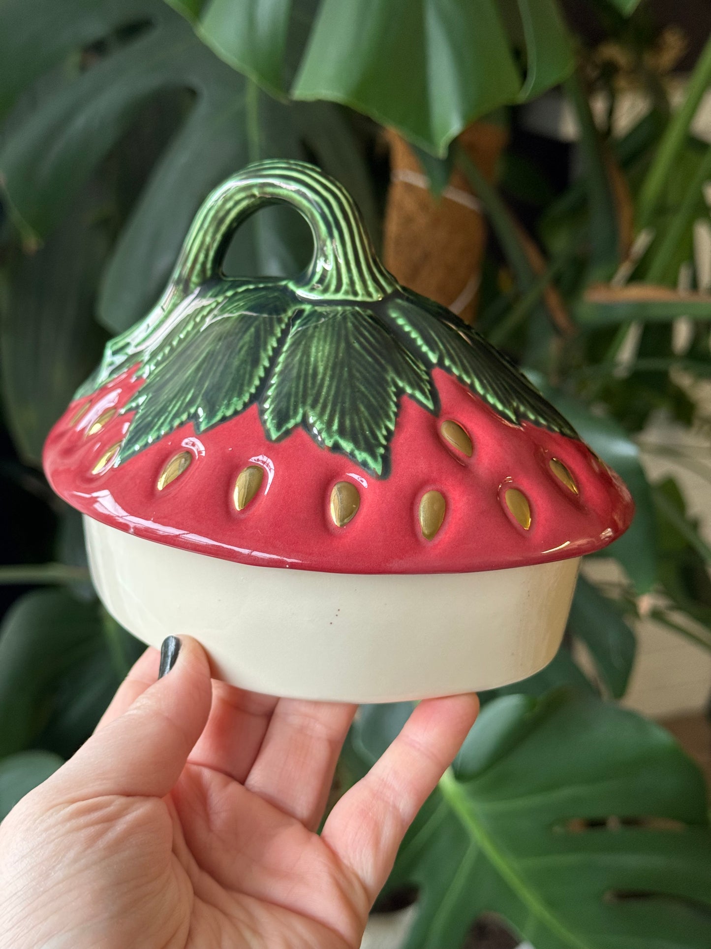 Large Red and Gold Strawberry Cookie Jar