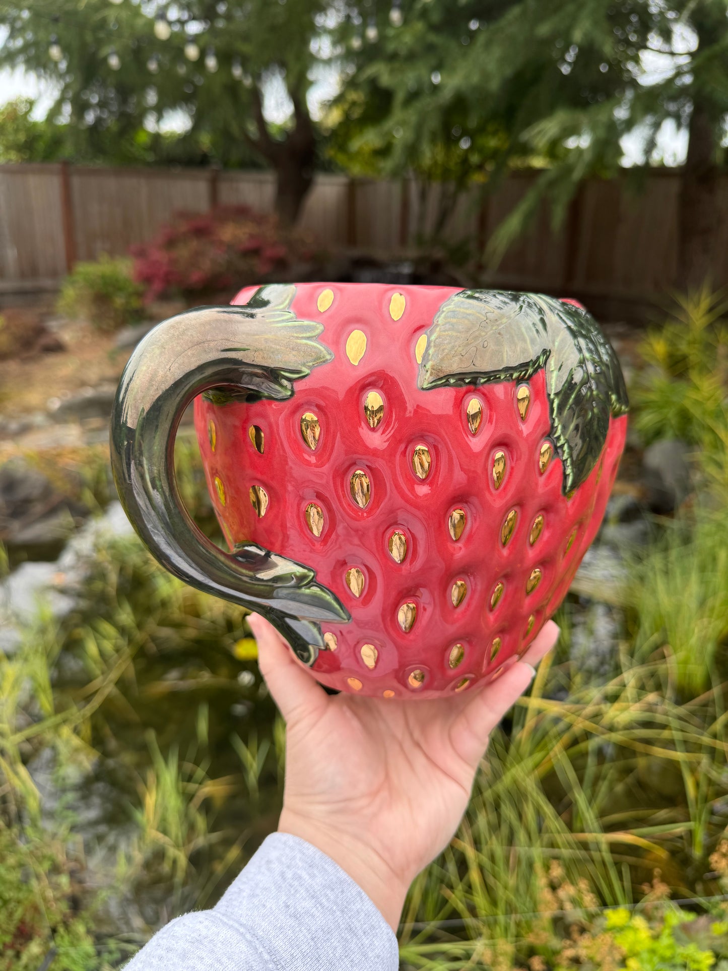 Strawberry Pitcher with Gold Seeds