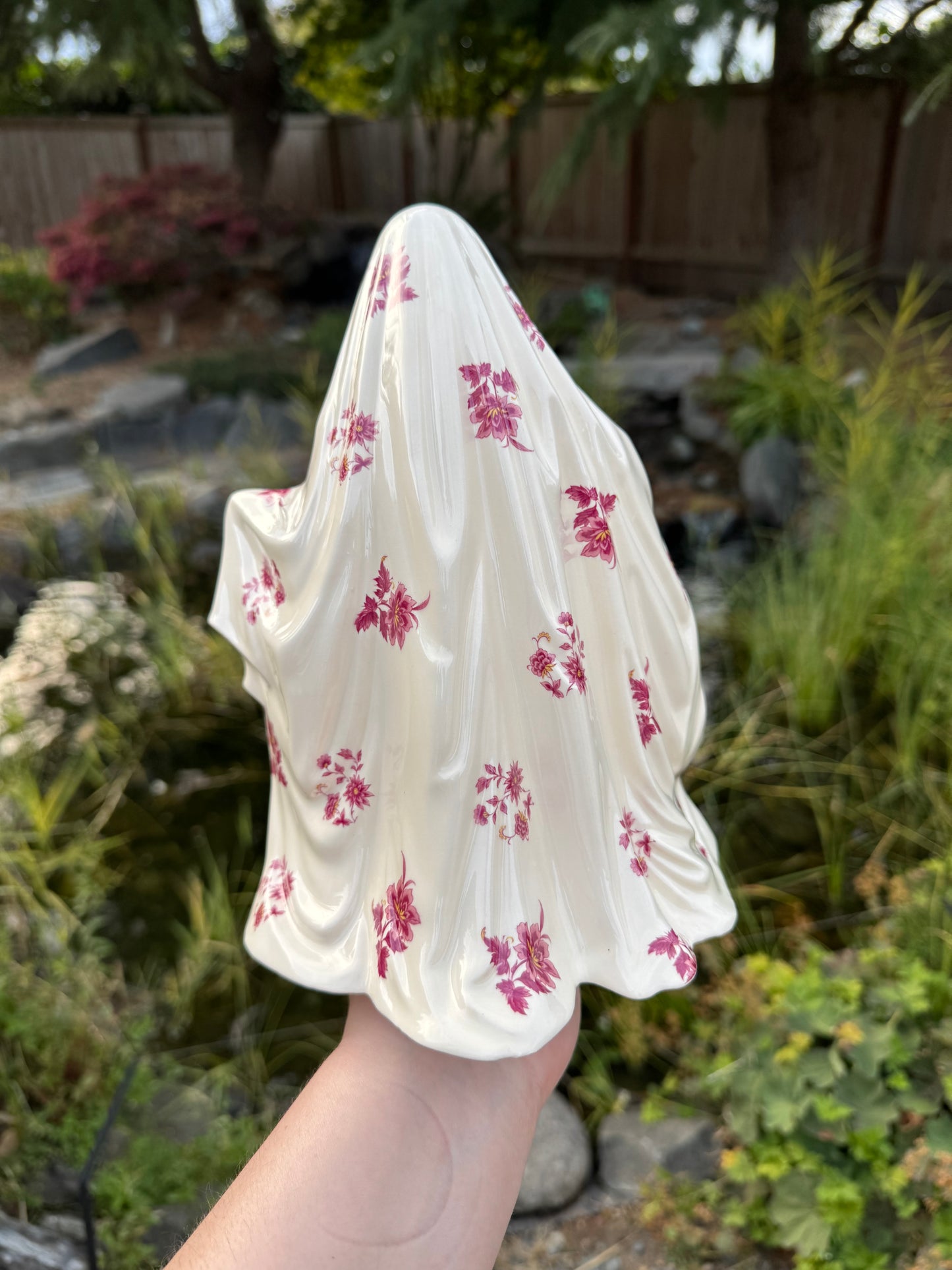 Vintage Pink Floral Sheet Ghost with Gold Pumpkin