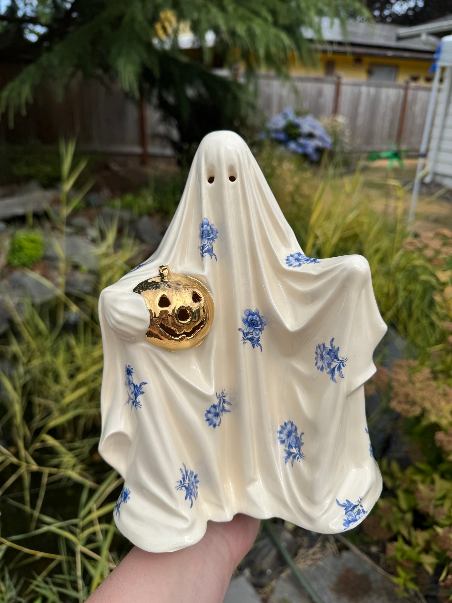 Blue Floral Sheet Ghost with Gold Pumpkin