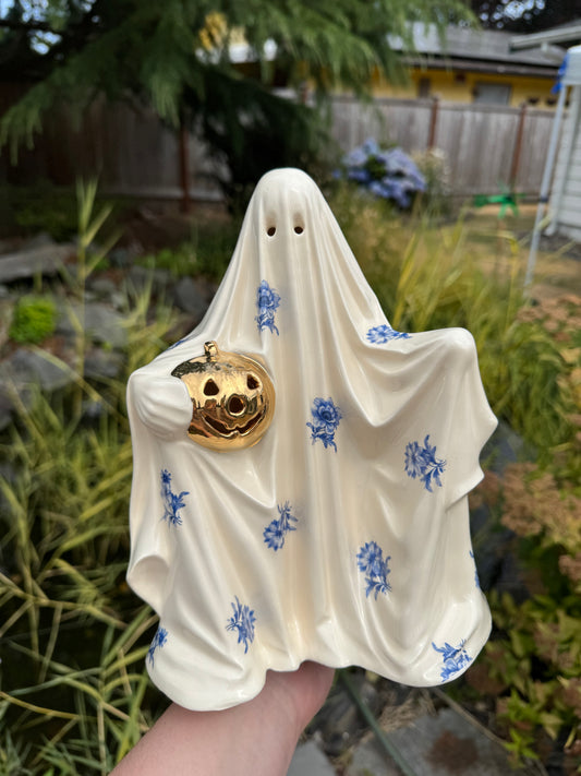 Blue Floral Sheet Ghost with Gold Pumpkin