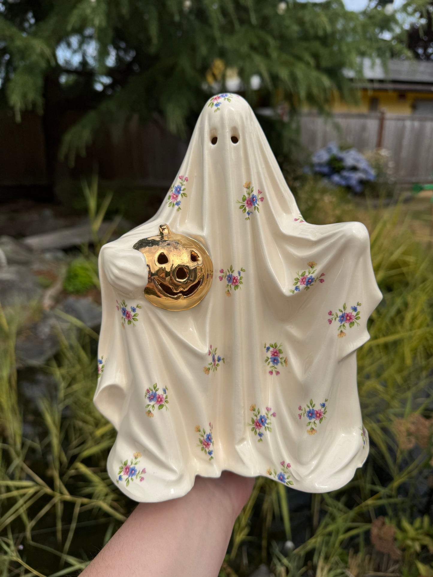 Pink and Blue Floral Sheet Ghost with Gold Pumpkin