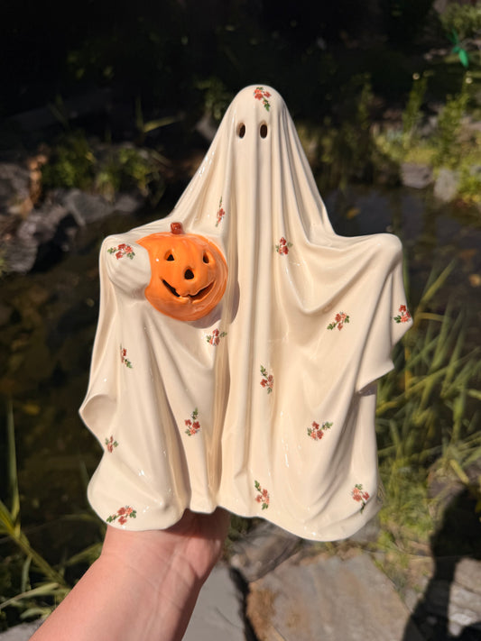 Vintage Red Floral Sheet Ghost with Orange Pumpkin