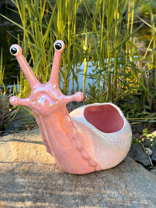 Pink Snail Vessel with Colorful Crackle Shell