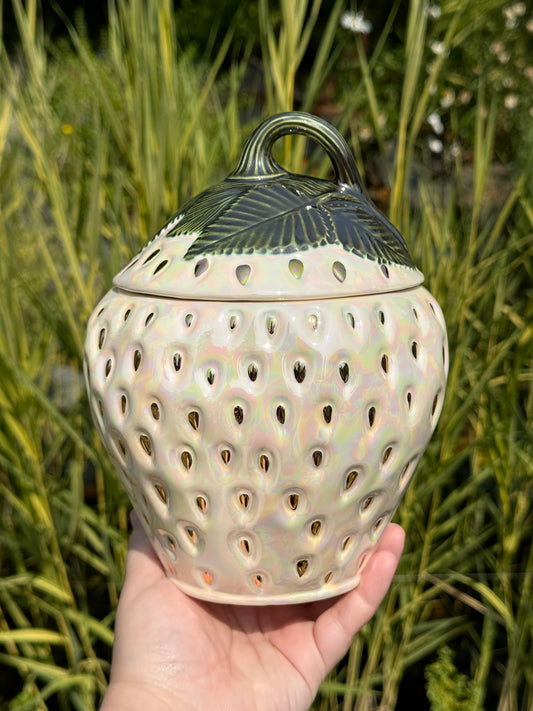 Small Mother of Pearl and Gold Strawberry Cookie Jar