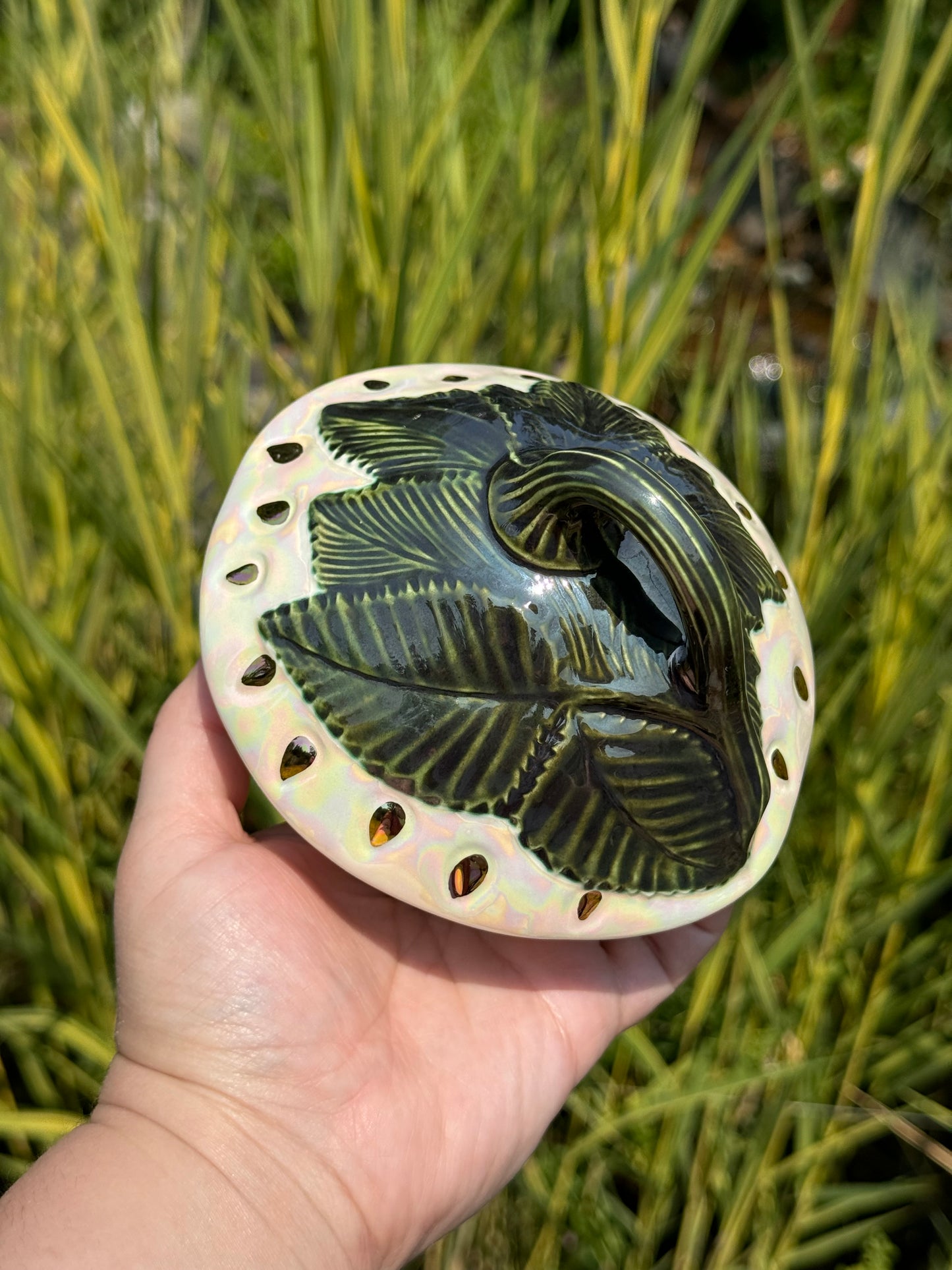 Small Mother of Pearl and Gold Strawberry Cookie Jar