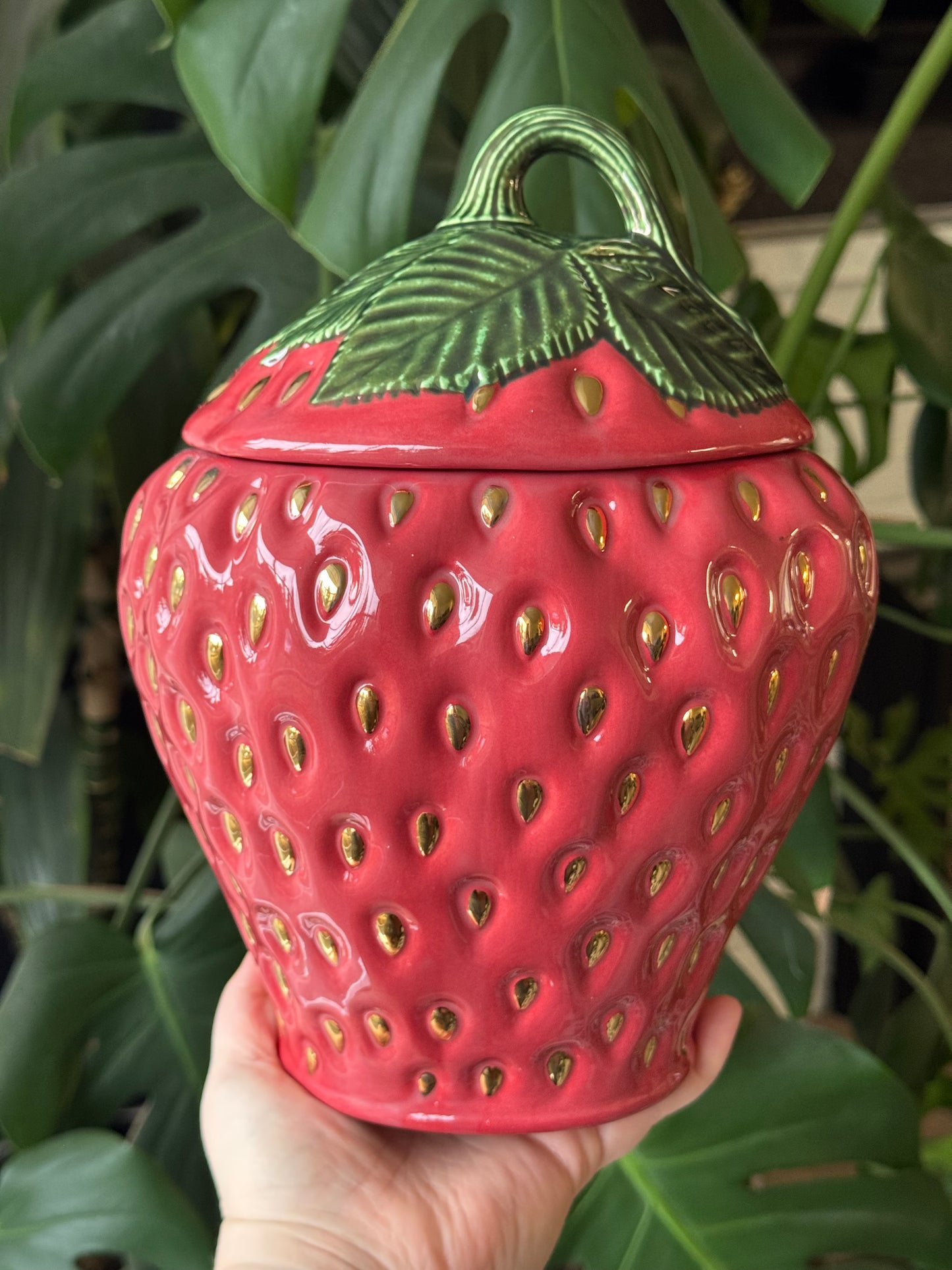 Large Red and Gold Strawberry Cookie Jar