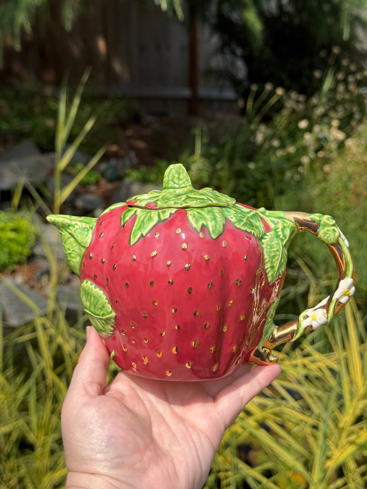 Strawberry Teapot with Gold Handle and Seeds