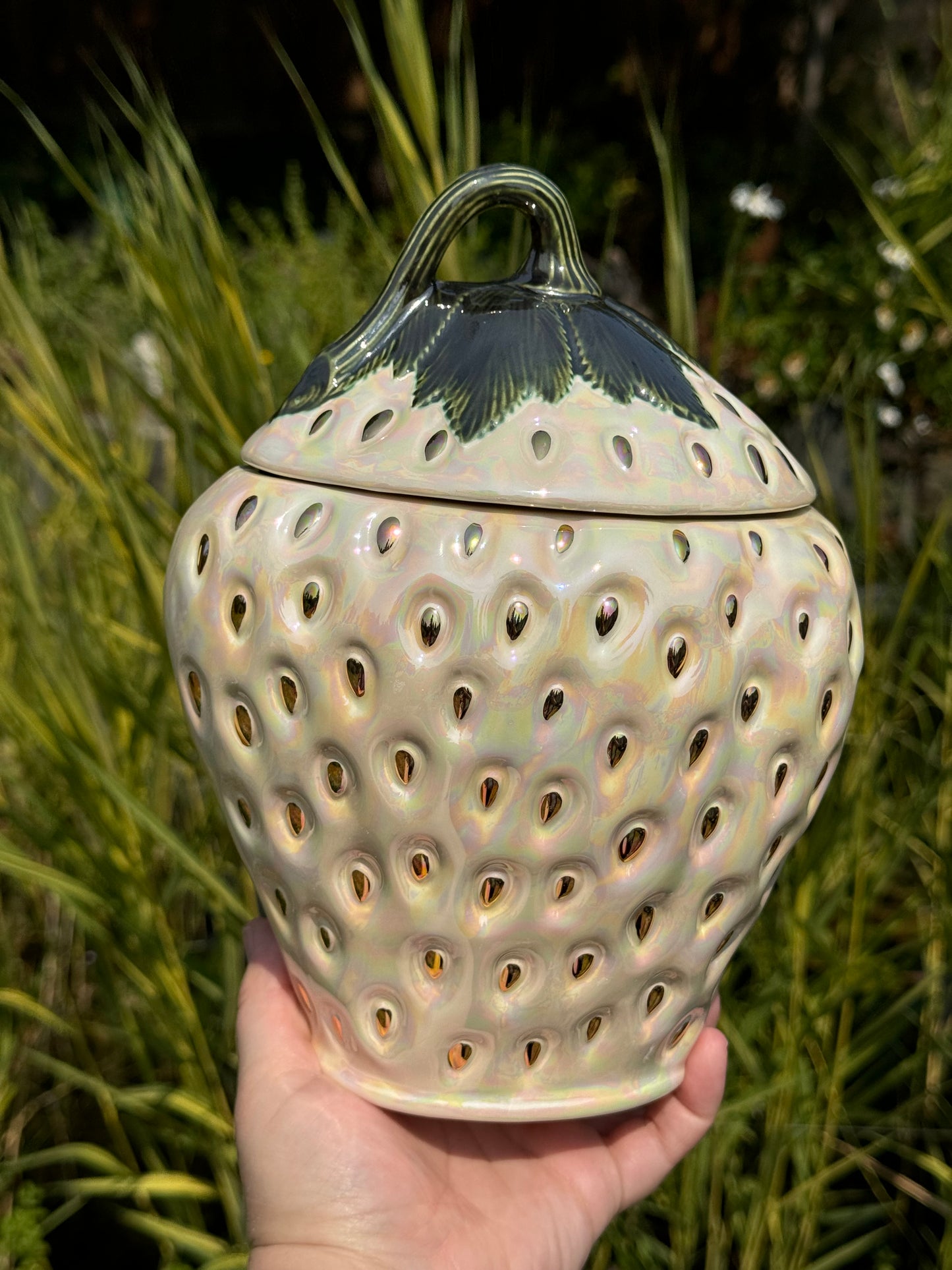 Large Mother of Pearl and Gold Strawberry Cookie Jar