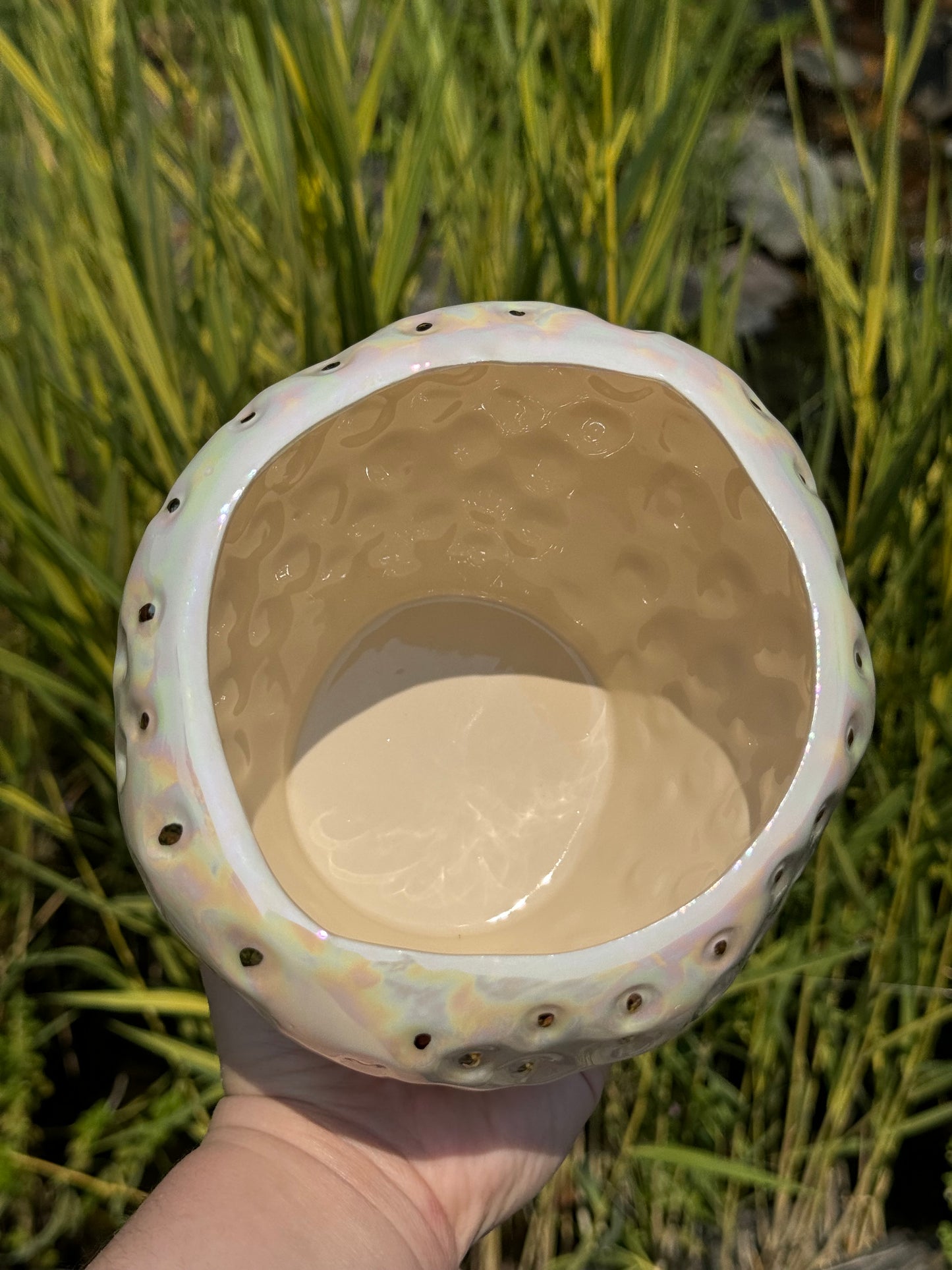 Small Mother of Pearl and Gold Strawberry Cookie Jar