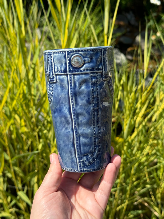 Dark Wash Denim Tumbler with White Gold Details